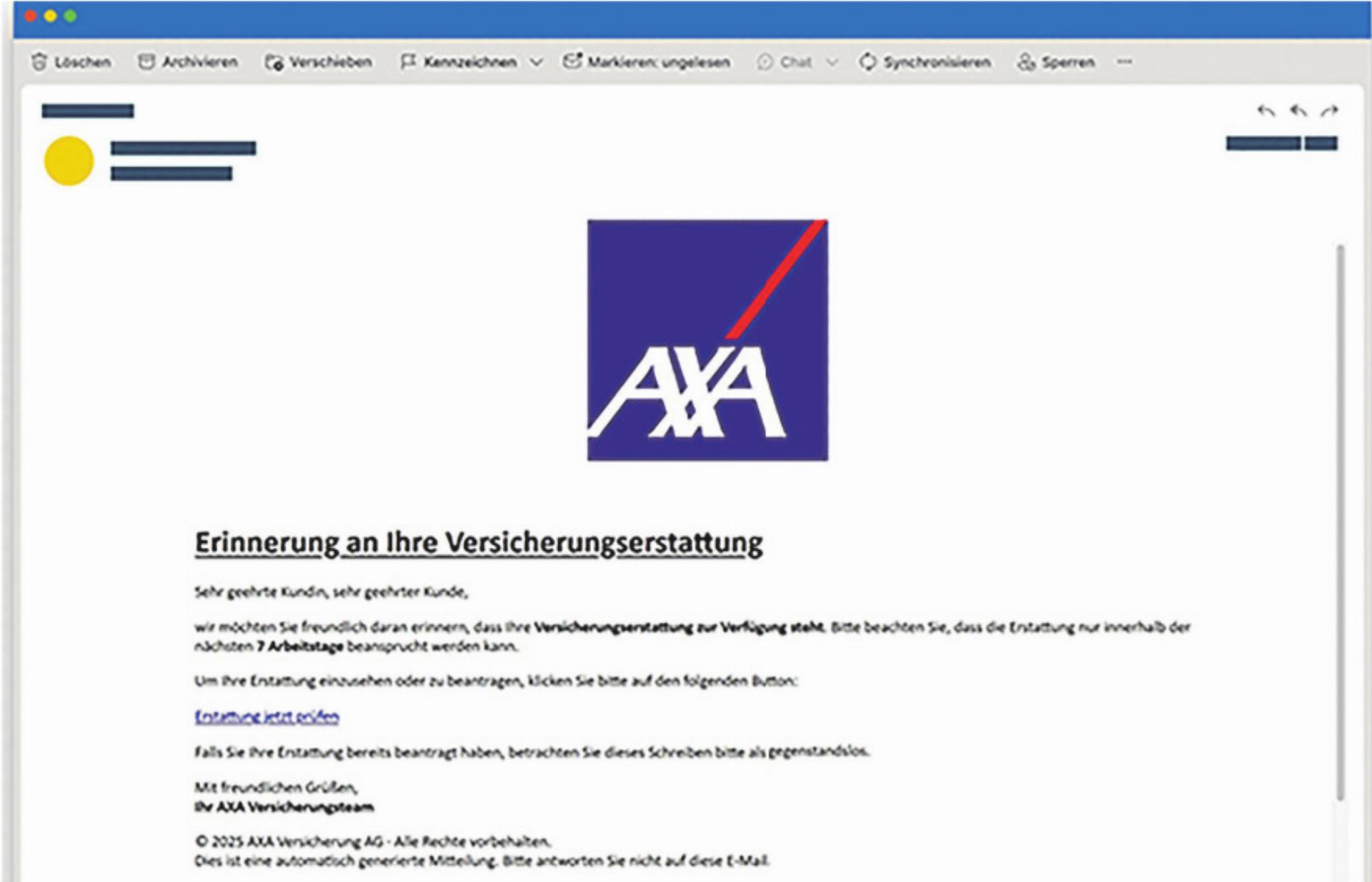 Betrug – Angebliche AXA-Mails versprechen Rückerstattung - Das Bild wird blockiert. – Möglicherweise durch einen aktiven Adblocker.