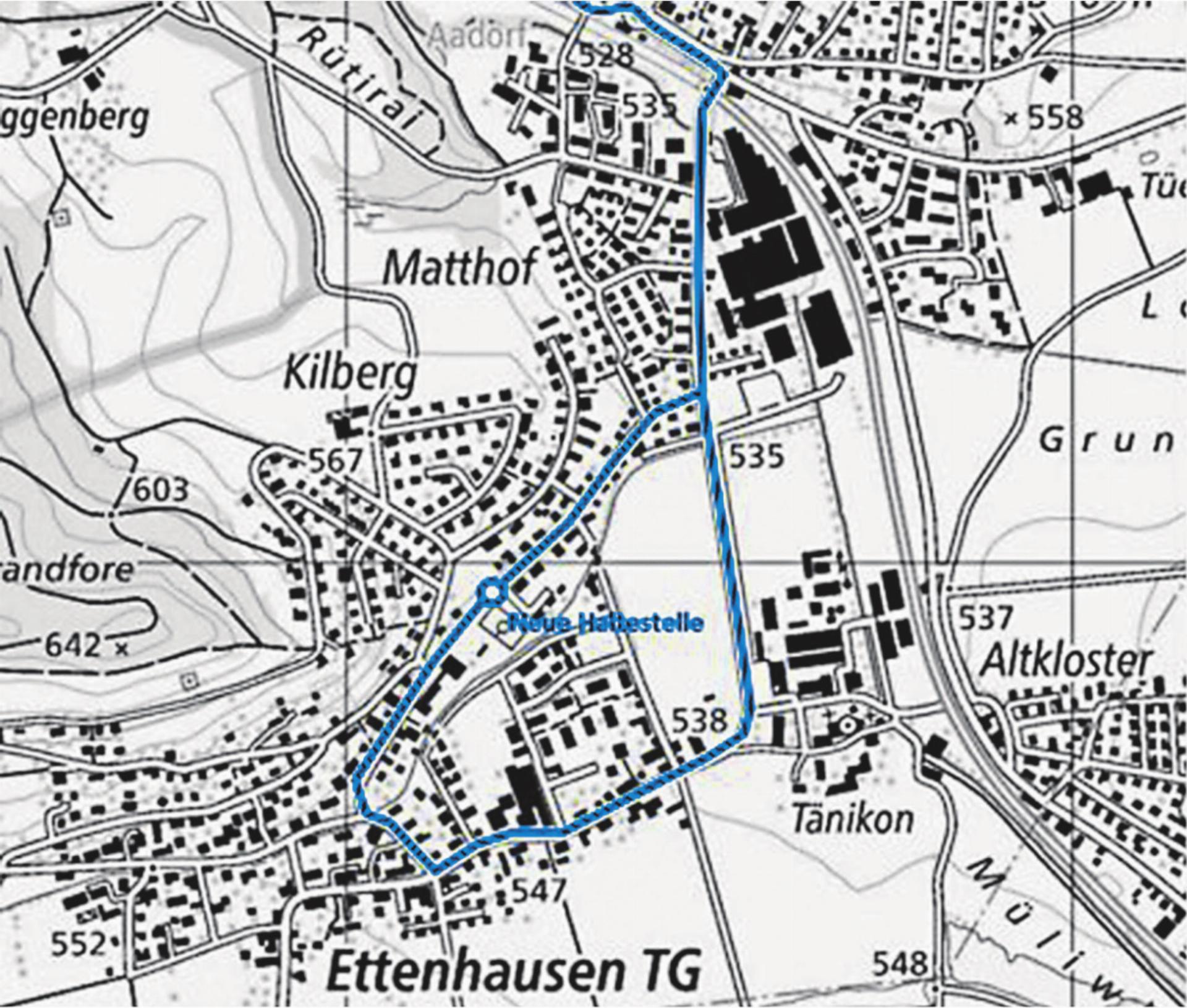 Neu geplante Postauto-Linienführung via Weidlistrasse, Ettenhausen. Plan: zvg