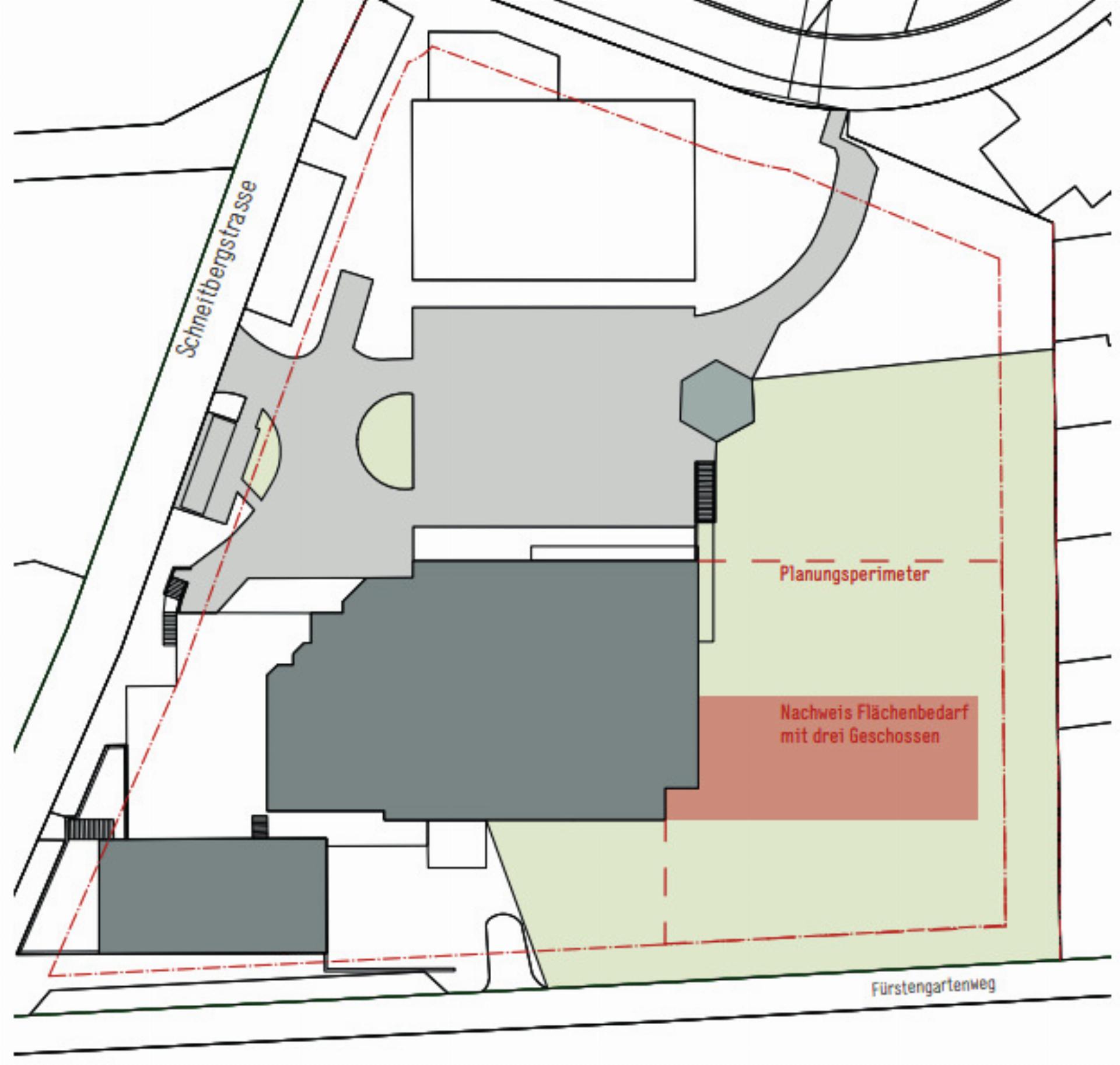 Die erste Bauetappe beinhaltet den neuen Erweiterungsbau (im Plan rot eingezeichnet). Plan: zvg