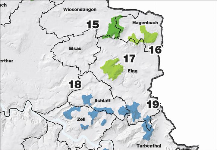 Zünikon (Nr. 15) wurde festgesetzt, Schneitberg (16) und Guegenhard (17) sind als Zwischenergebnis im Richtplanentwurf. Der Schauenberg (19) wurde ausgeschlossen. Grafik: Kanton Zürich