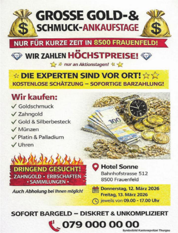 Bei Kontrollen von Altedelmetall-Ankäufern hat die Kantonspolizei Thurgau diverse Gesetzesverstösse festgestellt. Beim Flyer handelt es sich um ein KI-generiertes Symbolbild. Bild: Kantonspolizei Thurgau