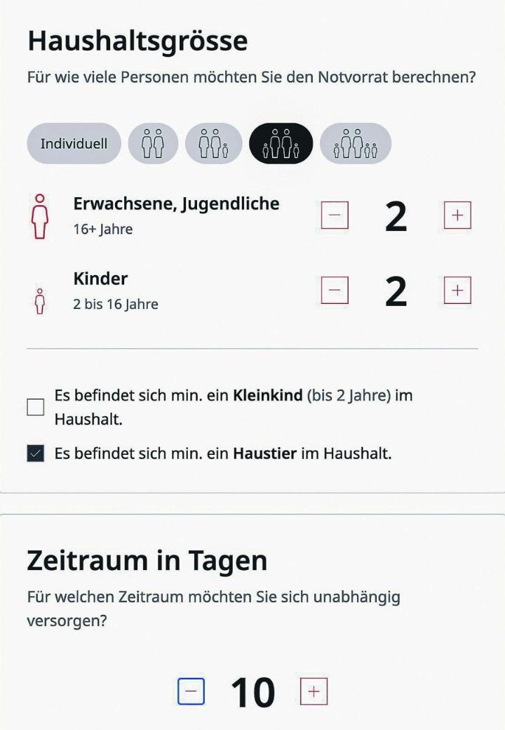 Mit wenigen Klicks kann man mit dem BWL-Notvorrats-Rechner eine individuelle Einkaufsliste zusammenstellen. BILD: Screenshot