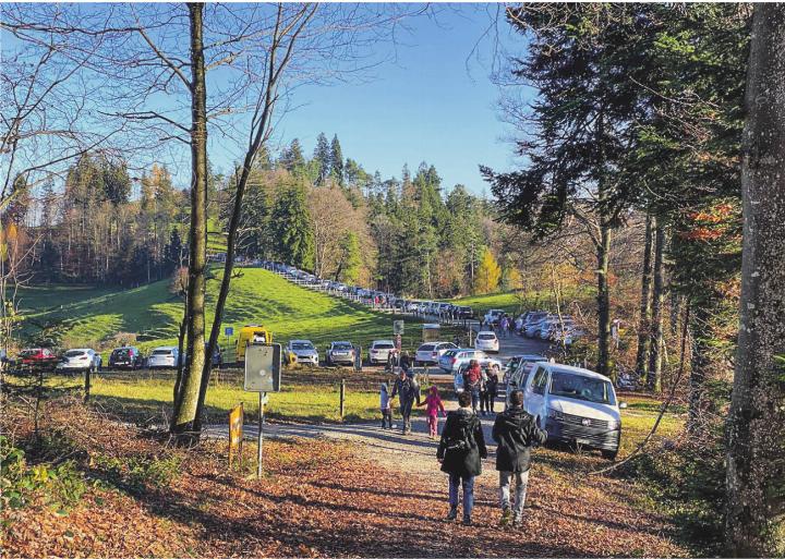 Verkehrschaos bei schönem Wetter auf dem Schauenberg-Parkplatz. Leserbild: Karin von Flüe, Huggenberg Verkehrschaos bei schönem Wetter auf dem Schauenberg-Parkplatz. Leserbild: Karin von Flüe, Huggenberg