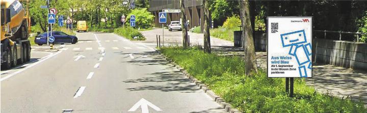 Am 1. September werden die Signale an den Stadteingängen enthüllt. Die blauen Bodenmarkierungen werden in den folgenden Wochen angebracht. Bild: Stadt Winterthur