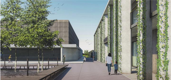 Sicht entlang dem geplanten Schulhaus, im Hintergrund der neue Kindergarten und die bestehende Turnhalle. Visualisierung: zVg ahp Architekten, Frauenfeld