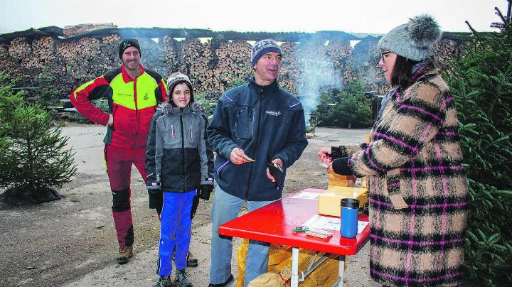 Revierförster Christian Schaerer und Gemeinderätin Stephanie Hugentobler mit Kundschaft beim jährlichen Christbaumverkauf des Forst - betriebs. Bild: Melanie Henne-Issing