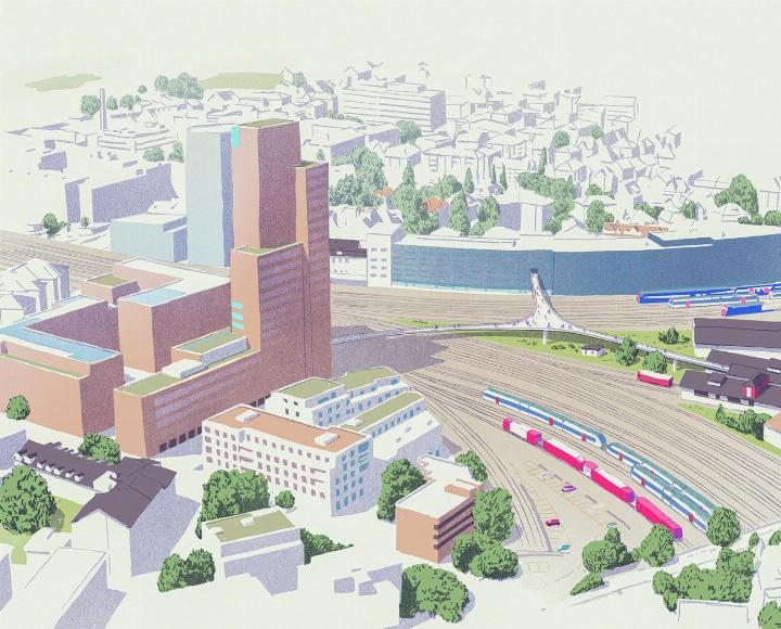 Wie bisher soll die Entwicklung im näheren Umfeld des Winterthurer Hauptbahnhofs an den drei ZHAW-Standorten stattfinden. Illustration: Oculus Illustration Gmbh