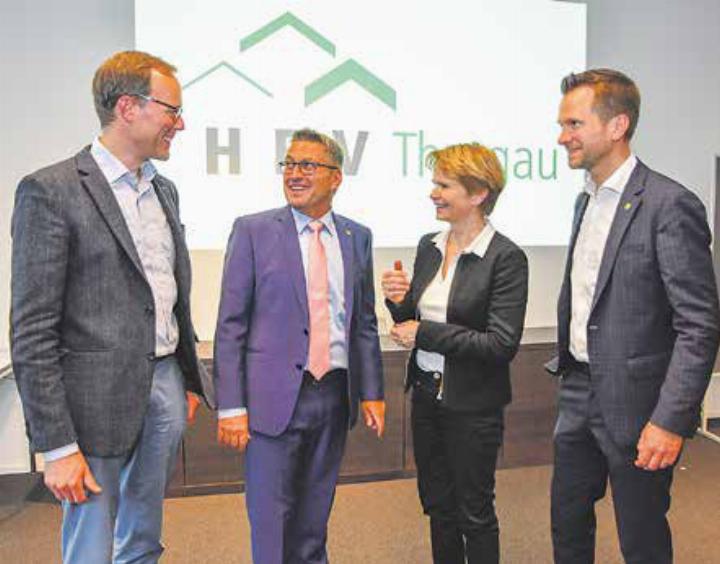 Diskutierten aktuelle Herausforderungen fürs Wohneigentum: Thomas Leu, Stefan Mühlemann, Brigitte Häberli-Koller und Pascal Schmid. Bild: zvg