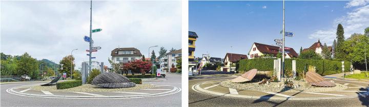 Vorher-Nachher-Bilder. Im Rahmen des Projekts «Vorteil naturnah» wurden bestehende Grünflächen ökologisch aufgewertet – ein Gewinn für die Biodiversität im Gemeindegebiet. Bilder: zVg