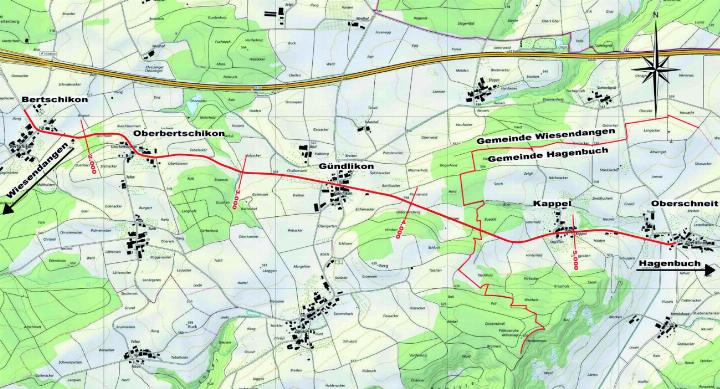 Der Kanton Zürich will einen rund vier Kilometer langen Geh- und Radweg zwischen Oberschneit und Bertschikon bauen. Karte: Tiefbauamt Kanton Zürich