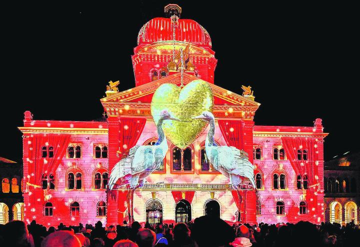 Die «Elgger-Kacheln» am Bundeshaus erstrahlen für einmal in einem ganz besonderen Kleid (noch bis 23. November, jeweils um 19, 20 und 21 Uhr). Leserbild: Marianne Burgener, Wittenwil