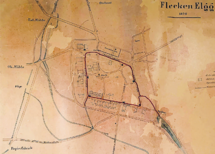 Plan aus dem Heimatmuseum Elgg zum Fleckenbach von Geometer Albert Tuggener, vor dem Brand von 1876, mit dem Standort der «Papierfabrick» am Fahrenbach Elgg (links unten). Bild: Markus Schär