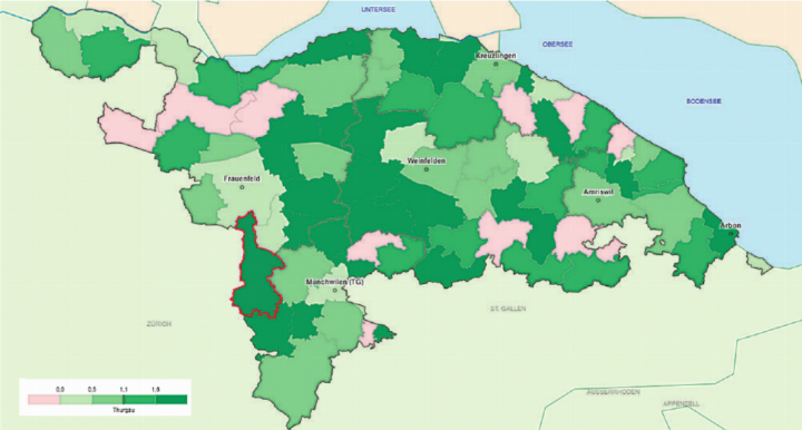 Aadorf (rot umrandet) wächst stärker als der Kantonsdurchschnitt. Grafik: Dienststelle für Statistik Thurgau