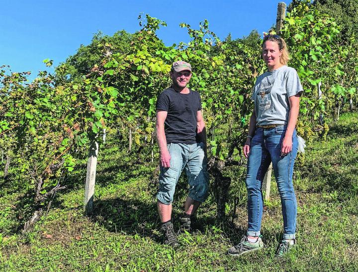 Stefanie und Martin Lehmann vor dem Rebberg. Bild: Rafael Lutz