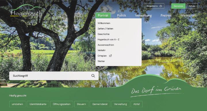 Screenshot des oberen Teils der Homepage der Website der Gemeinde Hagenbuch.