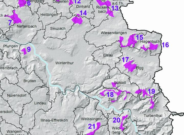 Einige der Potenzialgebiete liegen östlich von Winterthur, so auch in den Gemeinden Elgg und Hagenbuch. Grafik: Baudirektion Kanton Zürich