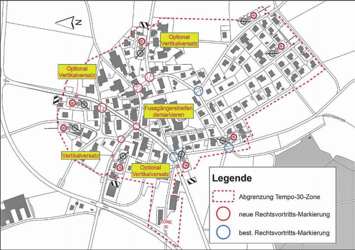 Die vom Gemeinderat favorisierte Variante mit Beschilderung, Markierung und Berliner Kissen im Entwurf. Bild: Planskizze zVg Büro Widmer