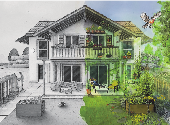Die Plattform «Aufleben – Mit mehr Natur» zeigt vielfältige Möglichkeiten für mehr Biodiversität im Siedlungsraum. Bild: Aufleben, Redonner Vie, Ridare Vita