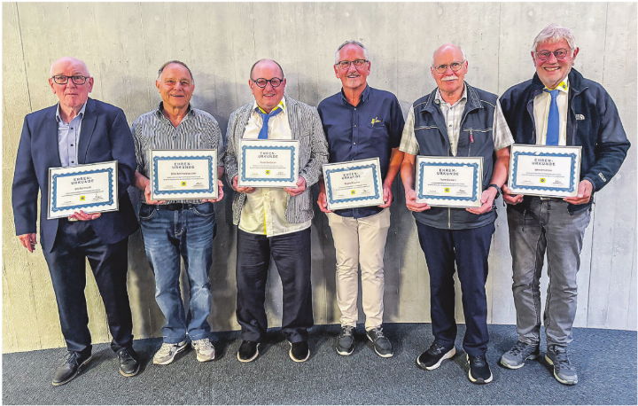 Die neuen Ehrenmitglieder der TCS Sektion Thurgau (v.l.): Urs Reinhardt, Otto Bernhardsgrütter, Ruedi Garbauer, Angelo Niederer, Franz Grosser und Werner Lenzin (es fehlen Karin Bischof, Herbert Halter und Werner Stucki). Bild: TCS TG