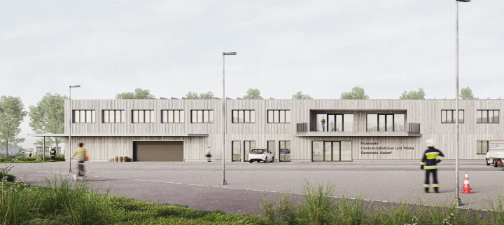 Das Projekt verbindet eine moderne Architektur mit einer zurückhaltenden Gestaltung aus Holz und Stahl (Visualisierung).