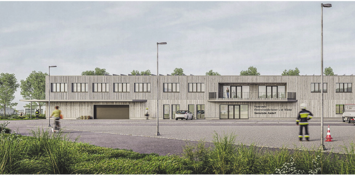 Das Neubauprojekt verbindet moderne Architektur mit Holz und Stahl. Grosszügige Hallen und Betriebsflächen bieten optimale Bedingungen für Feuerwehr und EW Aadorf (Visualisierung 2026). Architektur: Gamisch Architekten, Visualisierung: ZUEND