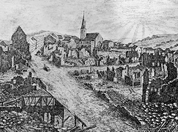 Der Brandplatz in Elgg 1876 (nach einer Handzeichnung).