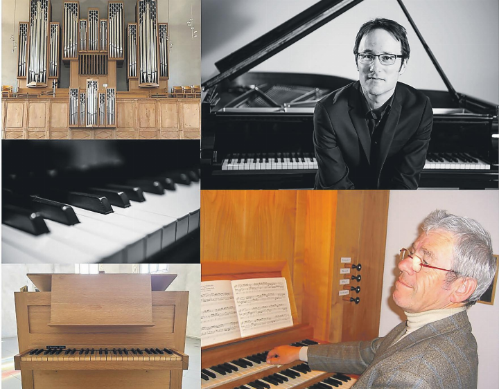 Rafael Rütti und Ruedi Meyer mitsamt den Tasteninstrumenten. Bildcollage: zVg